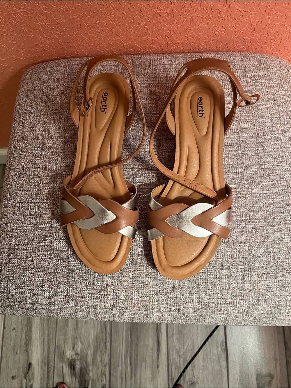 Earth Women's Tan and Silver Braided Ankle-Strap Sandals